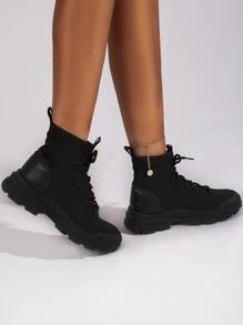 Fashion Boots, Women's Splicing Design Front Tie Socks Boots - Black - View 6