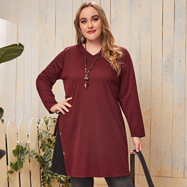 

Plus Two Tone Knot Side Button Detail Dress, Burgundy