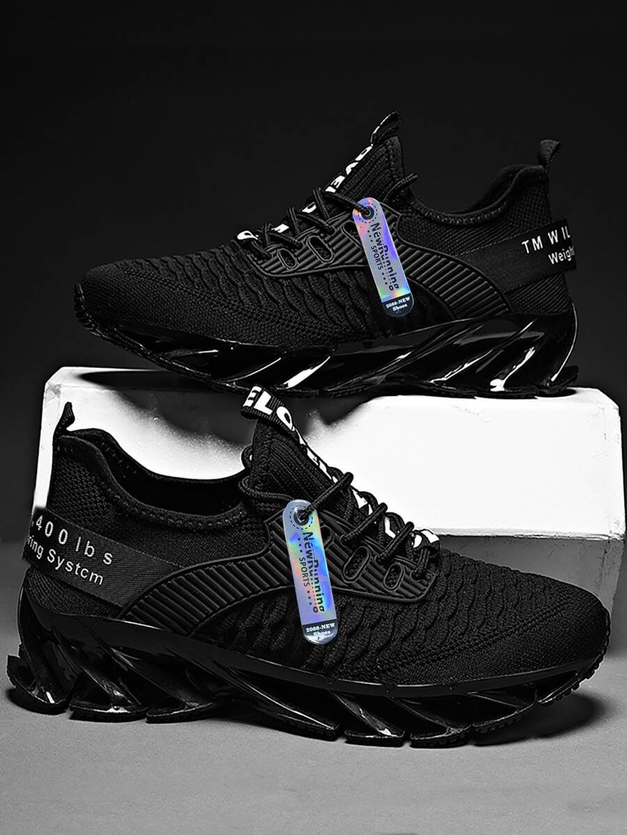 男士黑色字母圖形針織運動鞋,鞋帶裝飾跑步鞋及日常校園鞋 - 黑色 - 查看 1