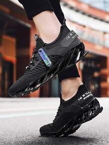 男士黑色字母圖形針織運動鞋,鞋帶裝飾跑步鞋及日常校園鞋 - 黑色 - 查看 3