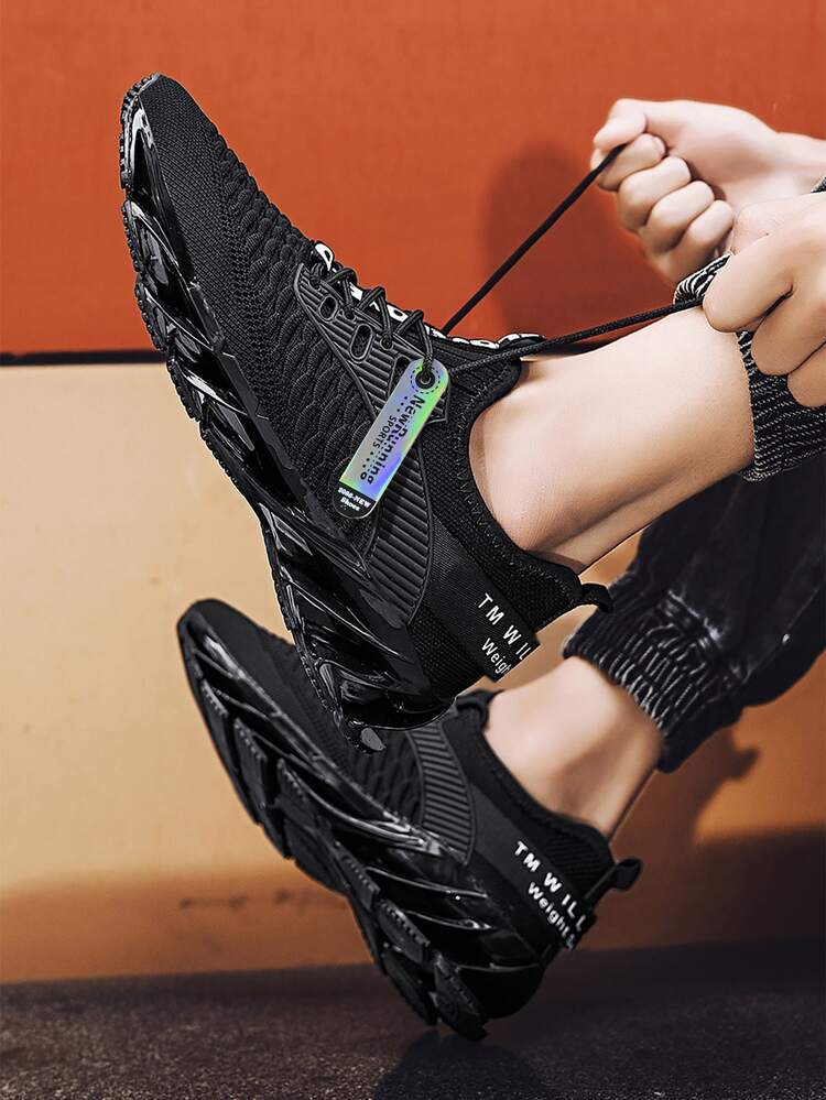 男士黑色字母圖形針織運動鞋,鞋帶裝飾跑步鞋及日常校園鞋 - 黑色 - 查看 4