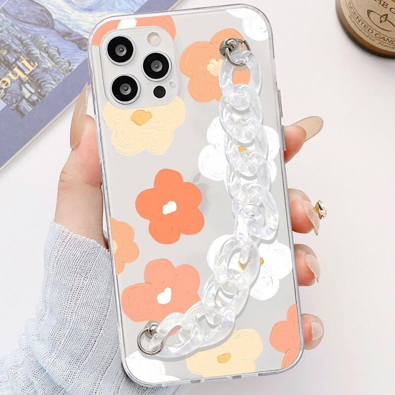 

Flower Pattern Phone Case With Chain Hand Strap, Multicolor