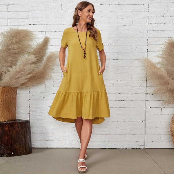 

Solid Ruffle Hem Smock Dress, Mustard yellow