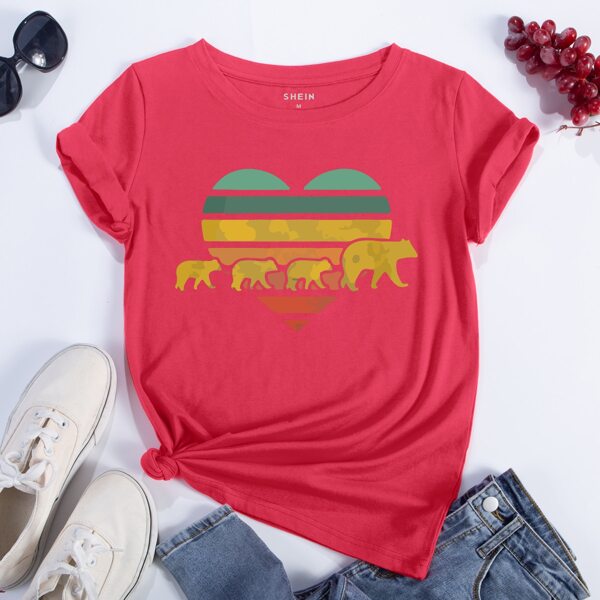 

Heart Print And Cartoon Graphic Tee, Watermelon pink