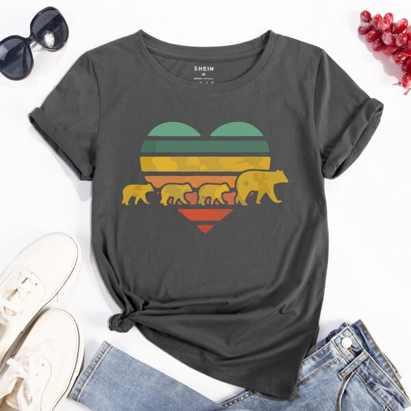 

Heart Print And Cartoon Graphic Tee, Dark grey