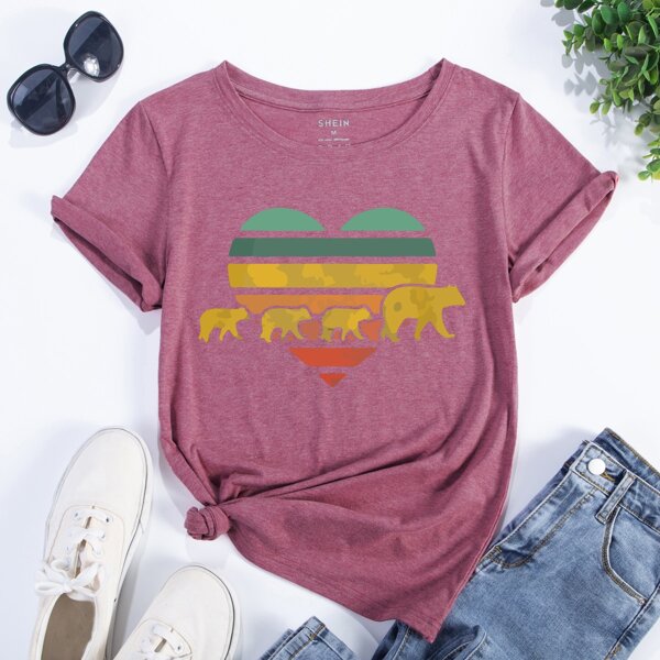 

Heart Print And Cartoon Graphic Tee, Dusty pink