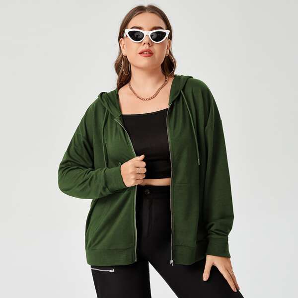 

Plus Drop Shoulder Zip Up Drawstring Hoodie, Green
