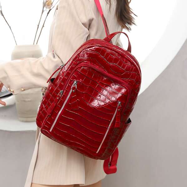 

Croc Embossed Backpack, Red