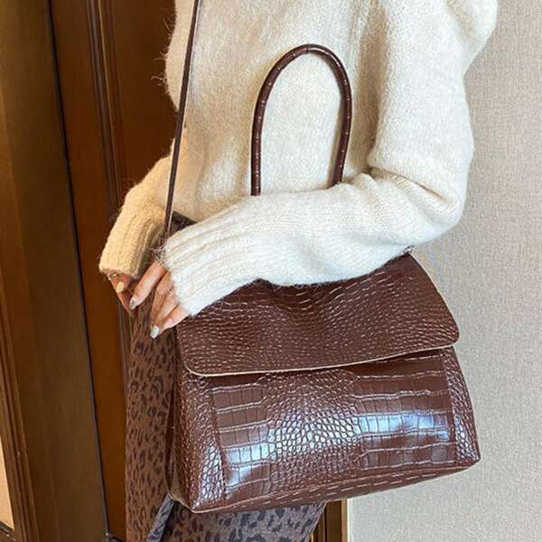 

Croc Embossed Flap Satchel Bag, Brown