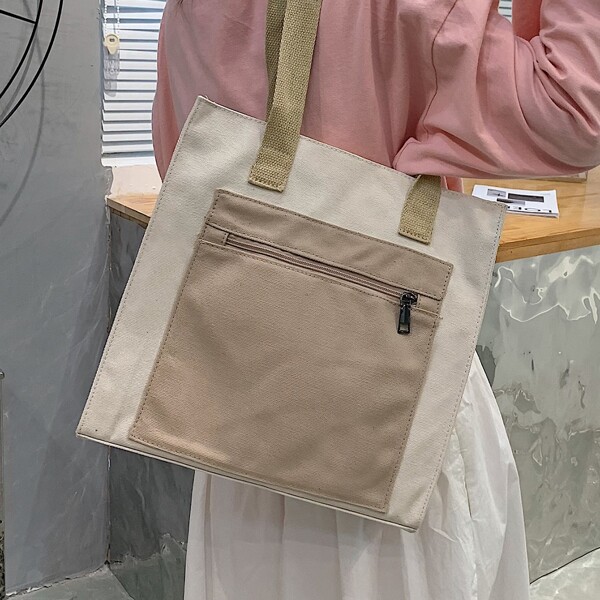 

Two Tone Large Capacity Tote Bag, Beige