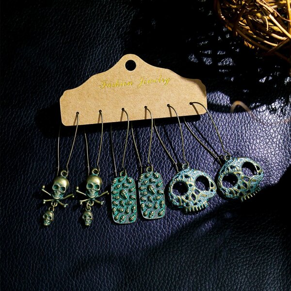

3pairs Halloween Skull Decor Drop Earrings, Ancient bronze
