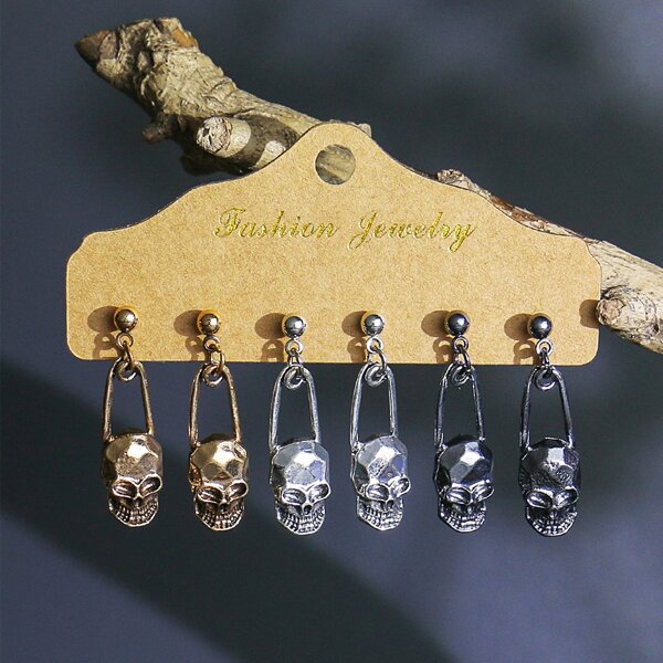 

3pairs Skull Design Drop Earrings, Multicolor