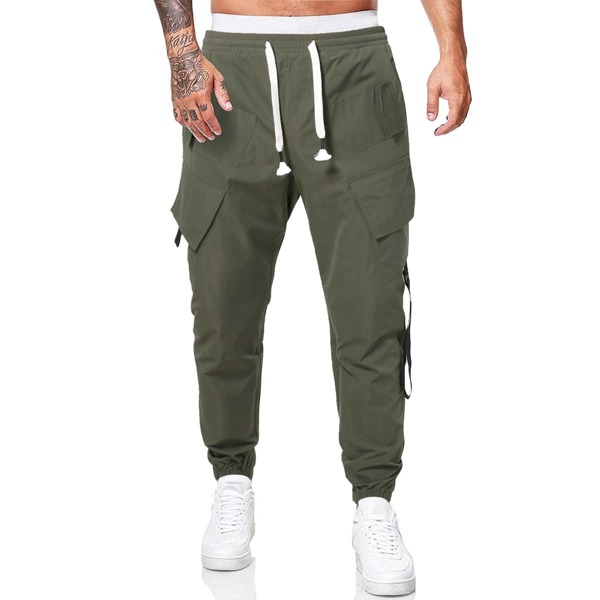 

Men Drawstring Waist Flap Pocket Cargo Pants, Army green