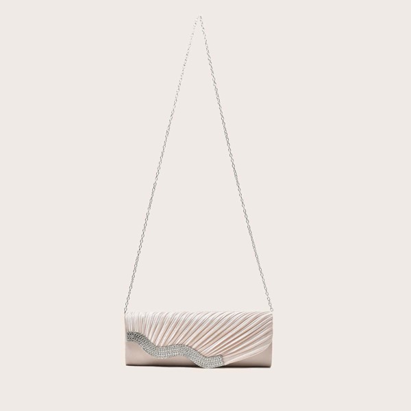 

Rhinestone Decor Flap Chain Bag, Beige