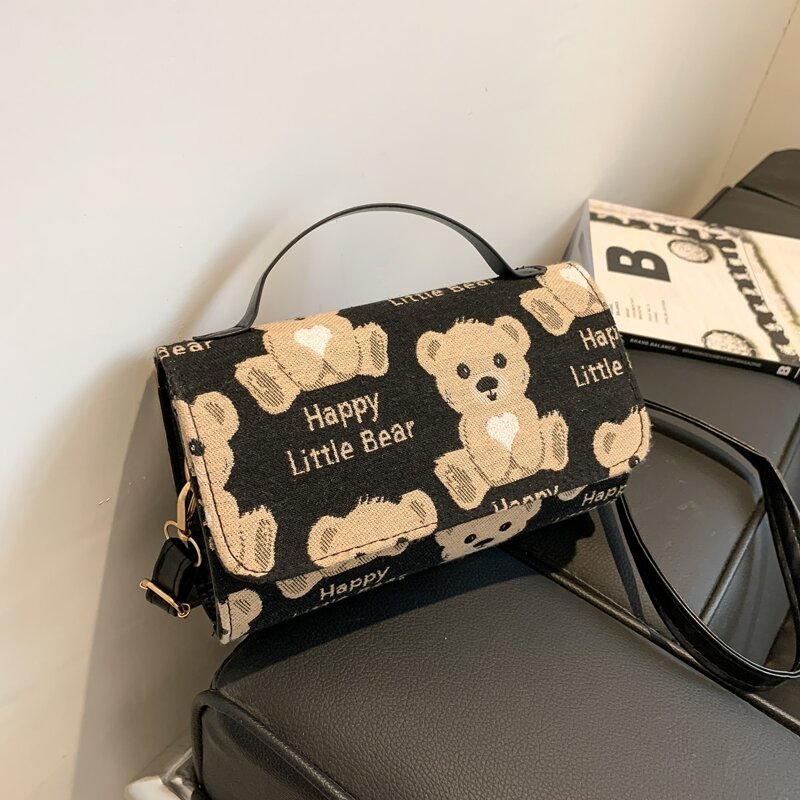 

Bear Graphic Satchel Bag, Black