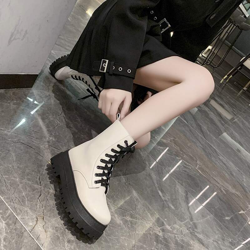 

Lace-up Front Platform Boots, Beige