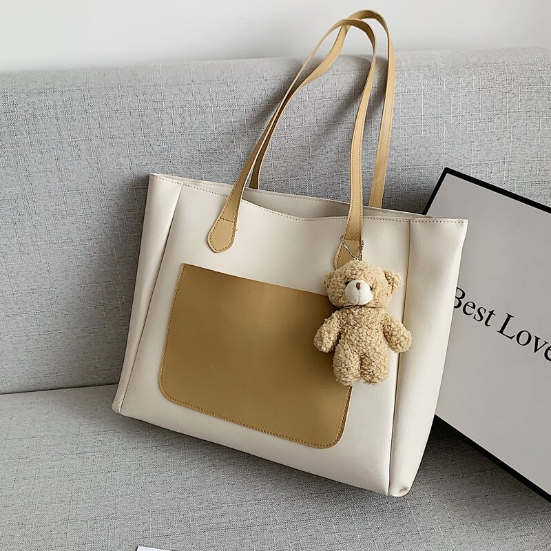 

Two Tone Tote Bag With Bag Charm, Beige