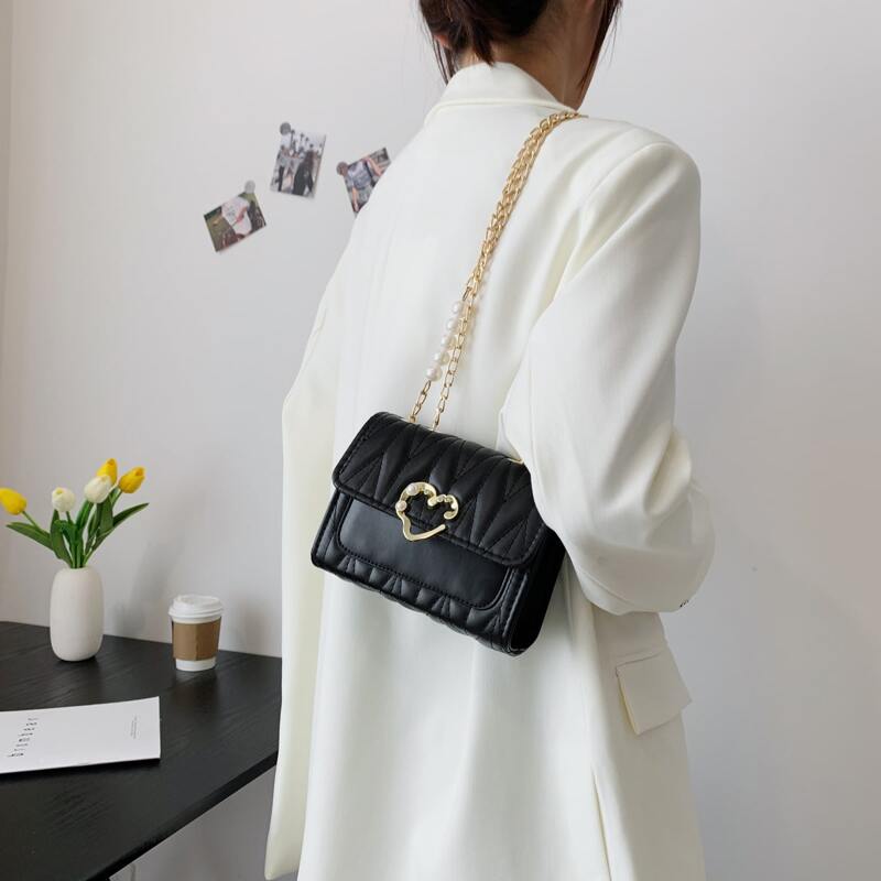 

Solid Quilted Faux Pearl Decor Shoulder Bag, Black