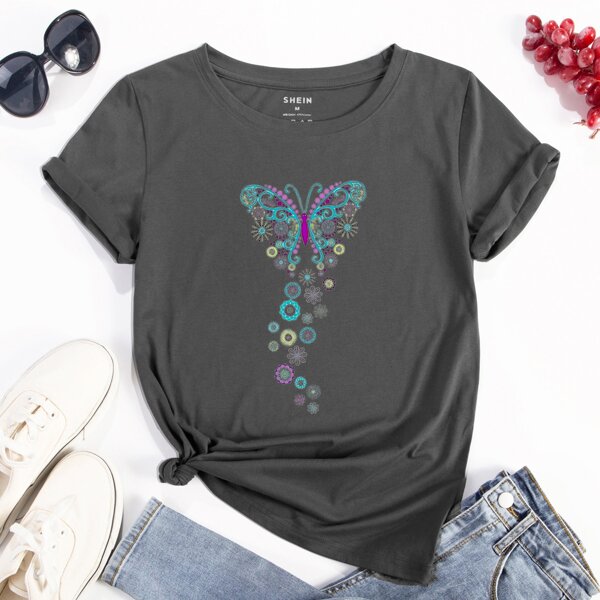 

Butterfly Print Short Sleeve Tee, Dark grey