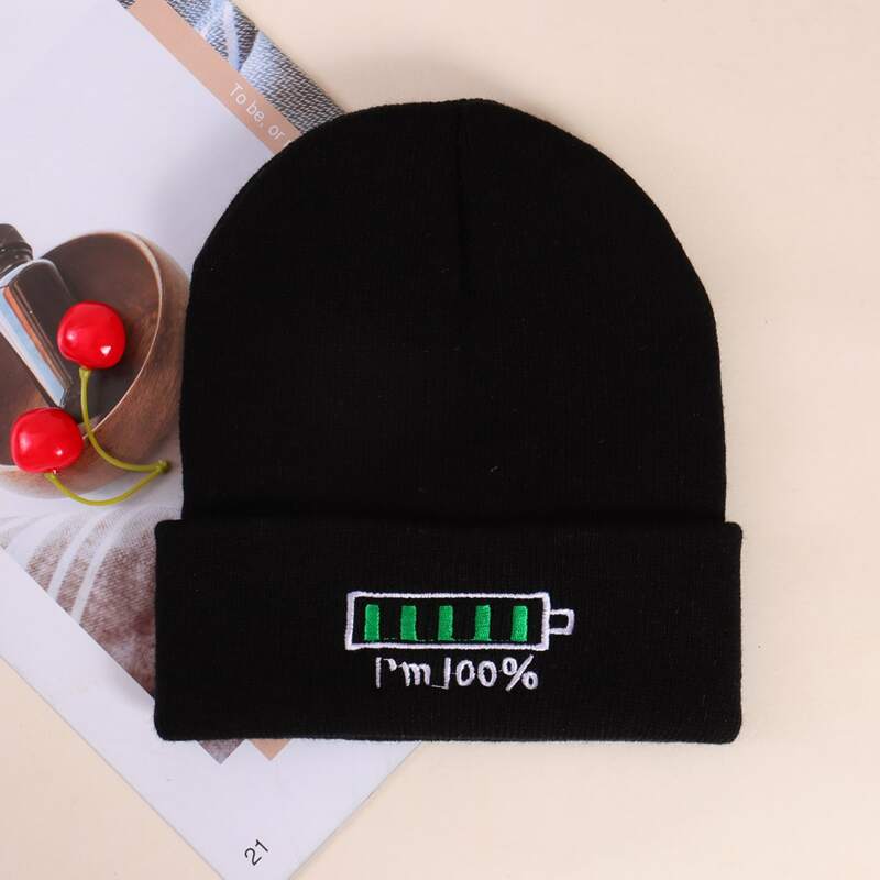 

Graphic Embroidery Knit Beanie, Black