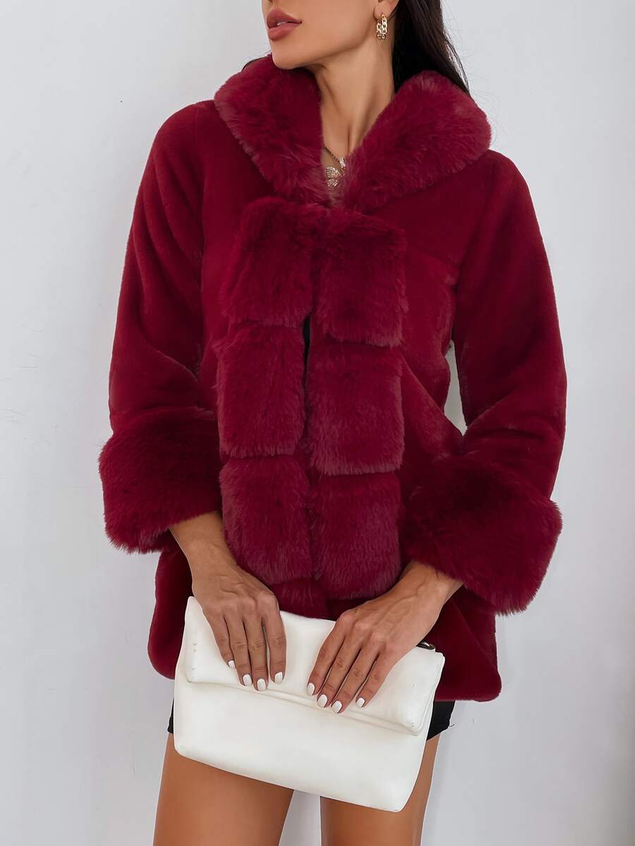Solid Fuzzy Collar & Cuff Open Front Coat - Burgundy - View 1