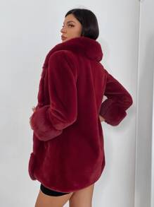 Solid Fuzzy Collar & Cuff Open Front Coat - Burgundy - View 2