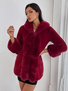 Solid Fuzzy Collar & Cuff Open Front Coat - Burgundy - View 3