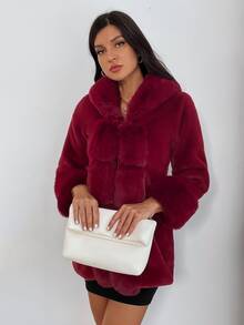 Solid Fuzzy Collar & Cuff Open Front Coat - Burgundy - View 4