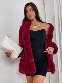 Solid Fuzzy Collar & Cuff Open Front Coat - Burgundy - View 5