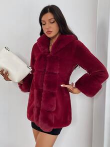 Solid Fuzzy Collar & Cuff Open Front Coat - Burgundy - View 6