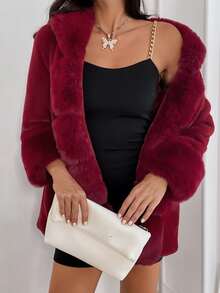 Solid Fuzzy Collar & Cuff Open Front Coat - Burgundy - View 7