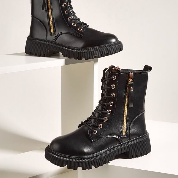 

Minimalist Side Zipper Combat Boots, Black