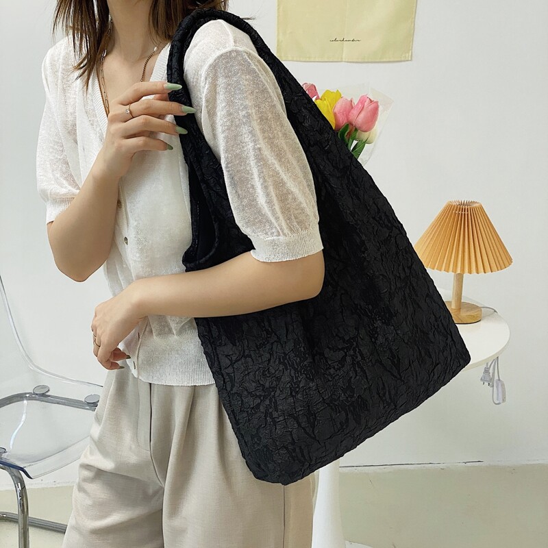 

Solid Ruched Design Shoulder Tote Bag, Black