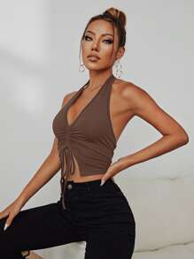 SHEIN Unity Áo hai dây Bất đối xứng Dây kéo Xù màu trơn Gợi cảm - màu nâu - Xem 4