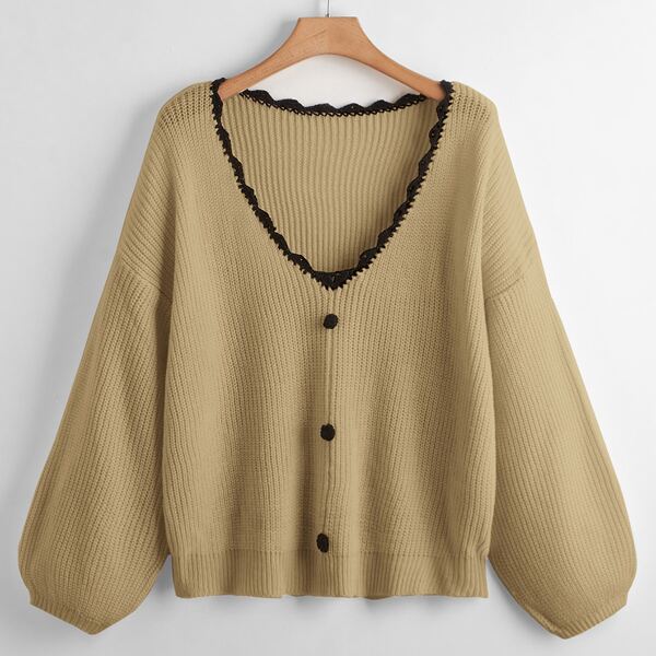 

Plus Contrast Trimmed Drop Shoulder Sweater, Khaki