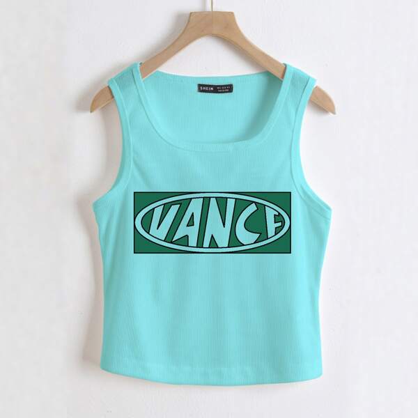 

Letter Graphic Rib-knit Tank Top, Mint blue