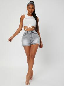 Women Denim Shorts Guziki Kieszeń Surowy Brzeg Podarte Suwak Równy