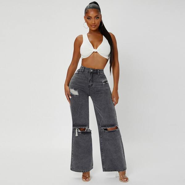 

High Waist Ripped Wide Leg Jeans, Grey