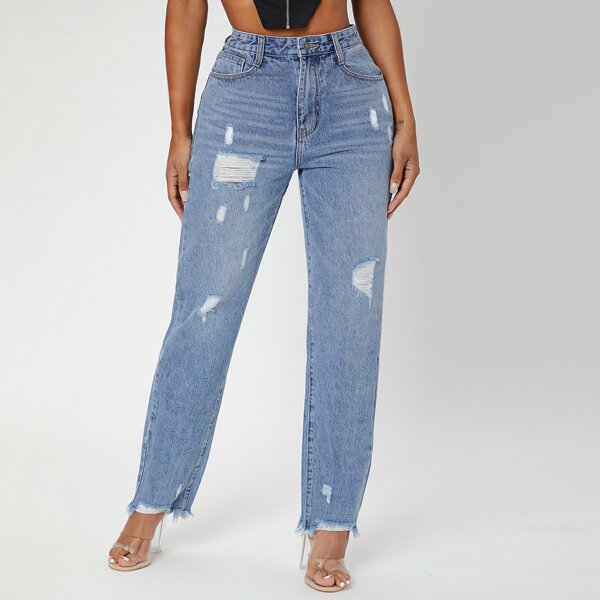 

Ripped Raw Hem Straight Leg Jeans, Light wash