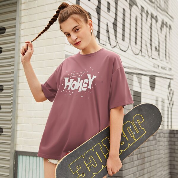 

Round Neck Letter Graphic Longline Tee, Redwood