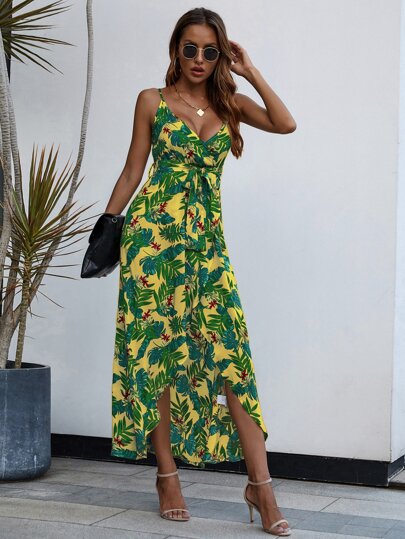 Tropical Print Surplice Neck Wrap Dress