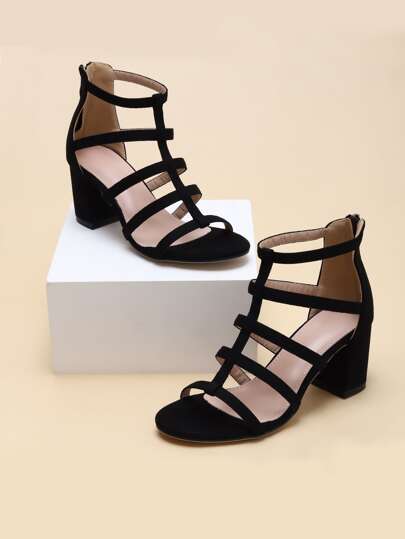 Women Minimalist Chunky Heeled Gladiator Sandals, Fashion Summer Faux Suede Heeled Sandals