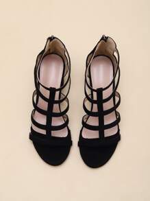 Women Minimalist Chunky Heeled Gladiator Sandals, Fashion Summer Faux Suede Heeled Sandals - Black - View 3