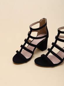 Women Minimalist Chunky Heeled Gladiator Sandals, Fashion Summer Faux Suede Heeled Sandals - Black - View 4