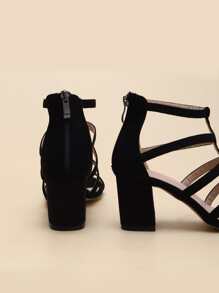 Women Minimalist Chunky Heeled Gladiator Sandals, Fashion Summer Faux Suede Heeled Sandals - Black - View 5