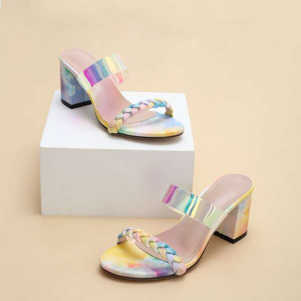 

Holographic Tie Dye Chunky Heeled Mules, Multicolor