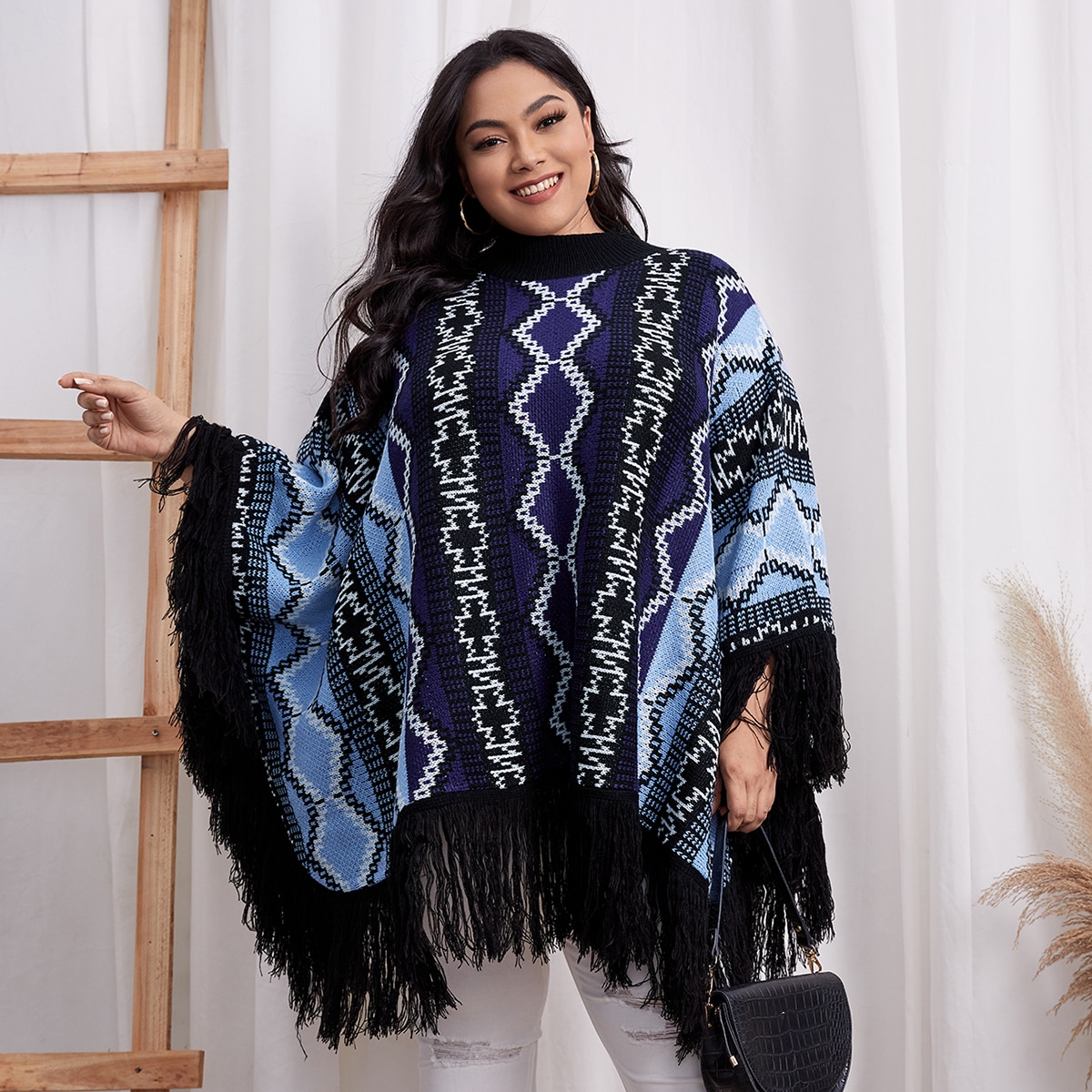 размера плюс Пончо контрастный с узором аргайл с бахромой с воротником-стойкой вязаный