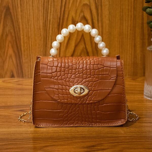 

Croc Embossed Faux Pearls Decor Satchel Bag, Brown