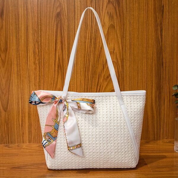 

Scarf Decor Shoulder Tote Bag, White