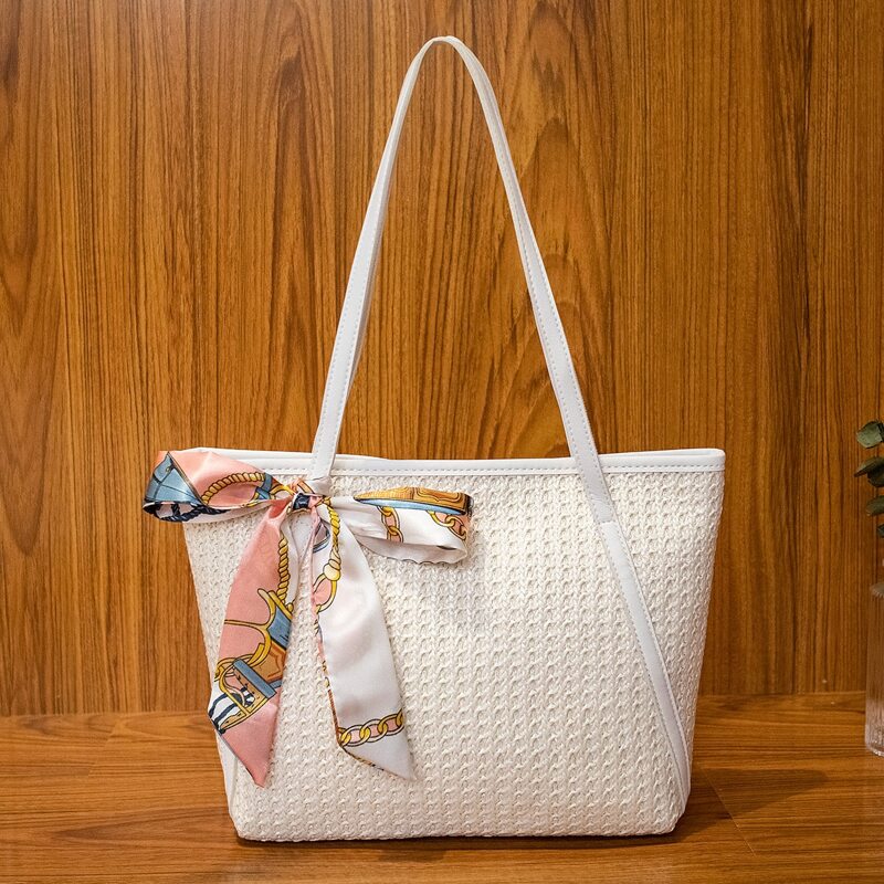 

Scarf Decor Shoulder Tote Bag, White